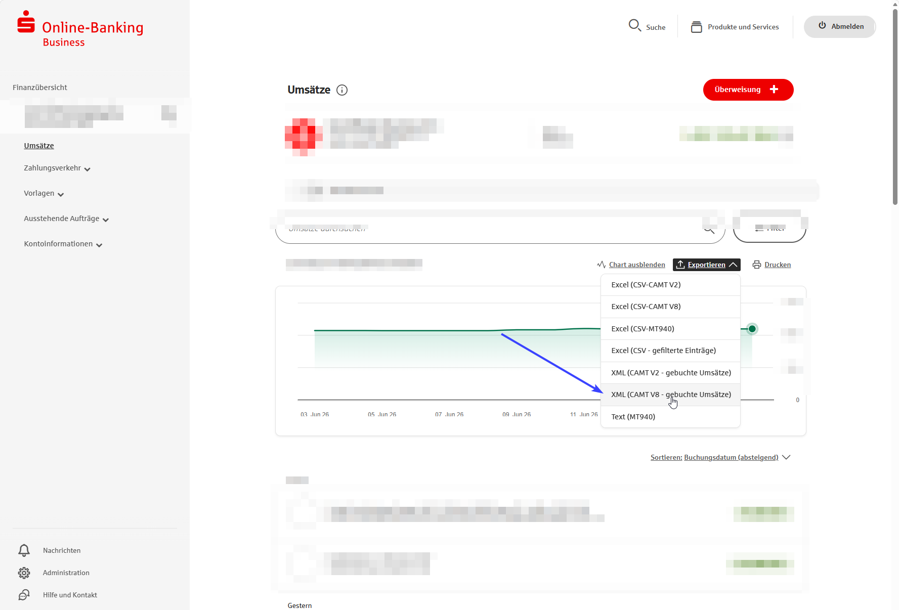 Sparkasse Online-Banking Business: Umsätze exportieren als XML CAMT V8 gebuchte Umsätze